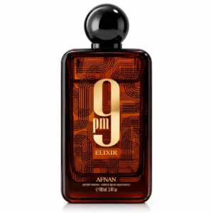 Frasco de 9 PM Elixir de Afnan de 100 ml sobre fondo blanco