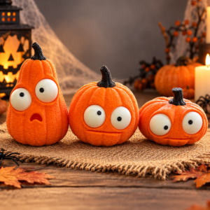 Tres calabazas naranjas impresas en 3D para Halloween, una alargada, una redonda y otra achatada, con ojos grandes y tallos negros
