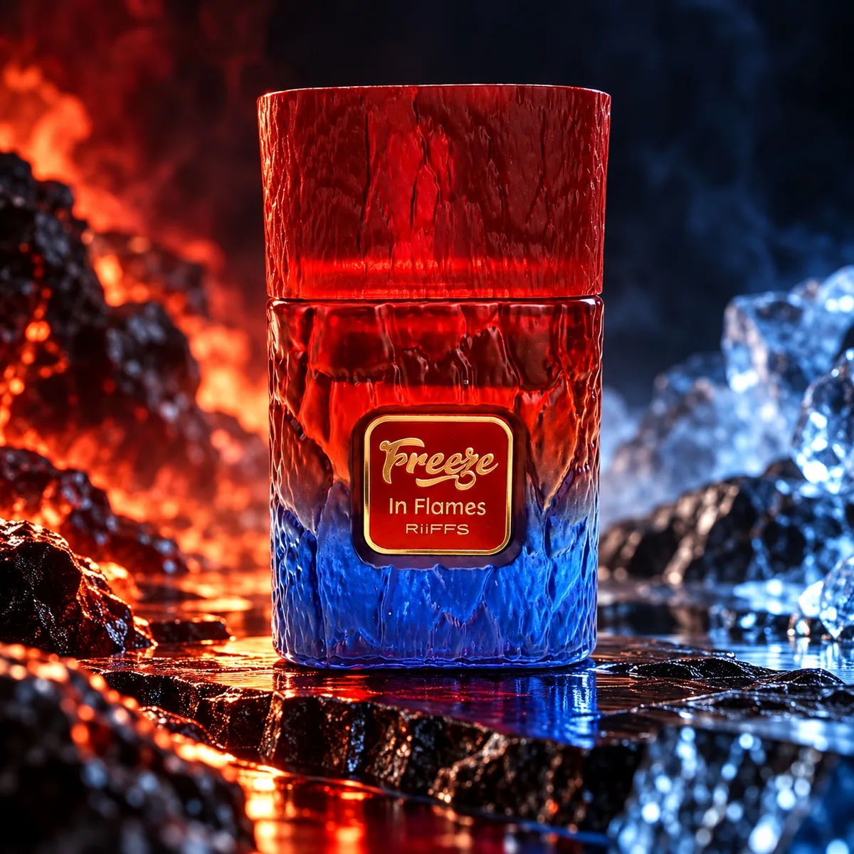 Frasco rojo y azul del perfume Freeze In Flames de Riiffs de 100 ml, en una escena de fuego y hielo.