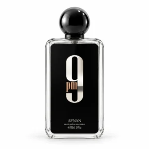Frasco de perfume Afnan 9pm eau de parfum 100 ml con etiqueta negra sobre fondo blanco
