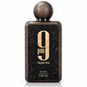Frasco de Afnan 9pm Night Out extrait de parfum de 100 ml sobre fondo blanco