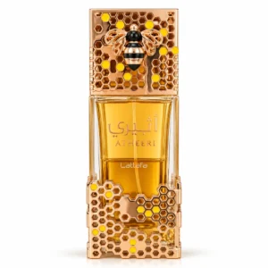 Atheeri de Lattafa, frasco cuadrado de eau de parfum de 100 ml con diseño dorado de panal y abeja