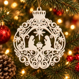 Belén colgante blanco con la Sagrada Familia y la estrella, colgado en el árbol de Navidad