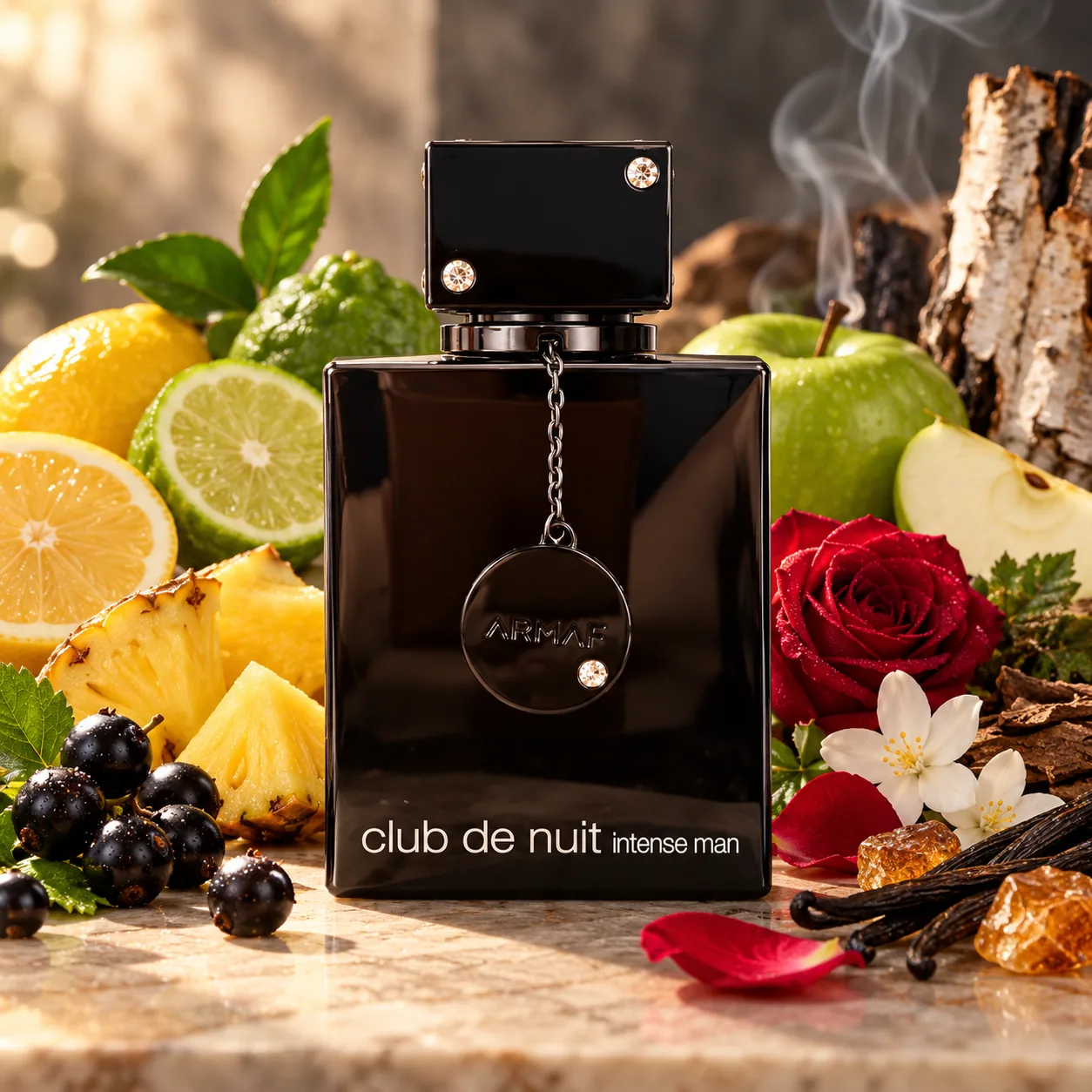 Frasco de Club de Nuit Intense Man de Armaf rodeado de limón, bergamota, piña, grosellas negras, manzana verde, rosa, jazmín, vainilla y corteza de abedul