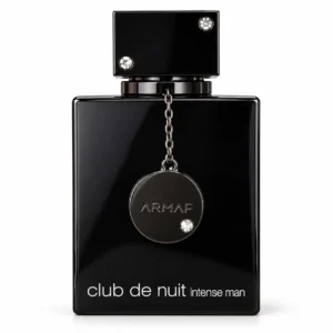 Club de Nuit Intense Man de Armaf, frasco negro con tapón cuadrado y medallón metálico sobre fondo blanco