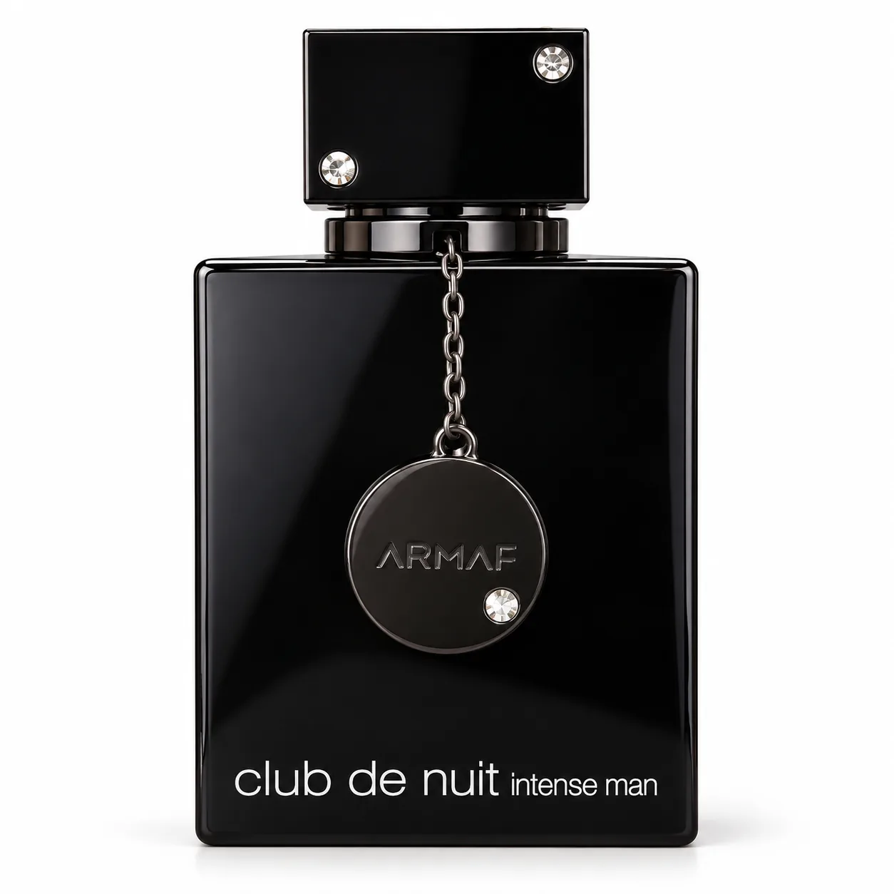 Club de Nuit Intense Man de Armaf, frasco negro con tapón cuadrado y medallón metálico sobre fondo blanco