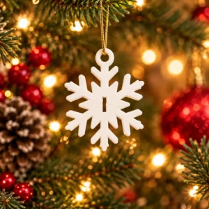 Copo de nieve blanco impreso en 3D colgado en un árbol de Navidad con luces