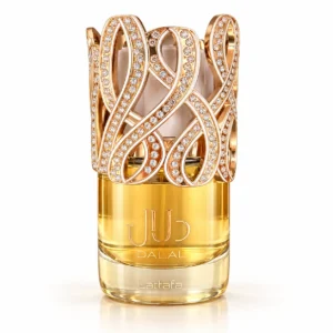 Dalal de Lattafa, frasco de Eau de Parfum 100 ml con tapón dorado de líneas entrelazadas y brillos, sobre fondo blanco
