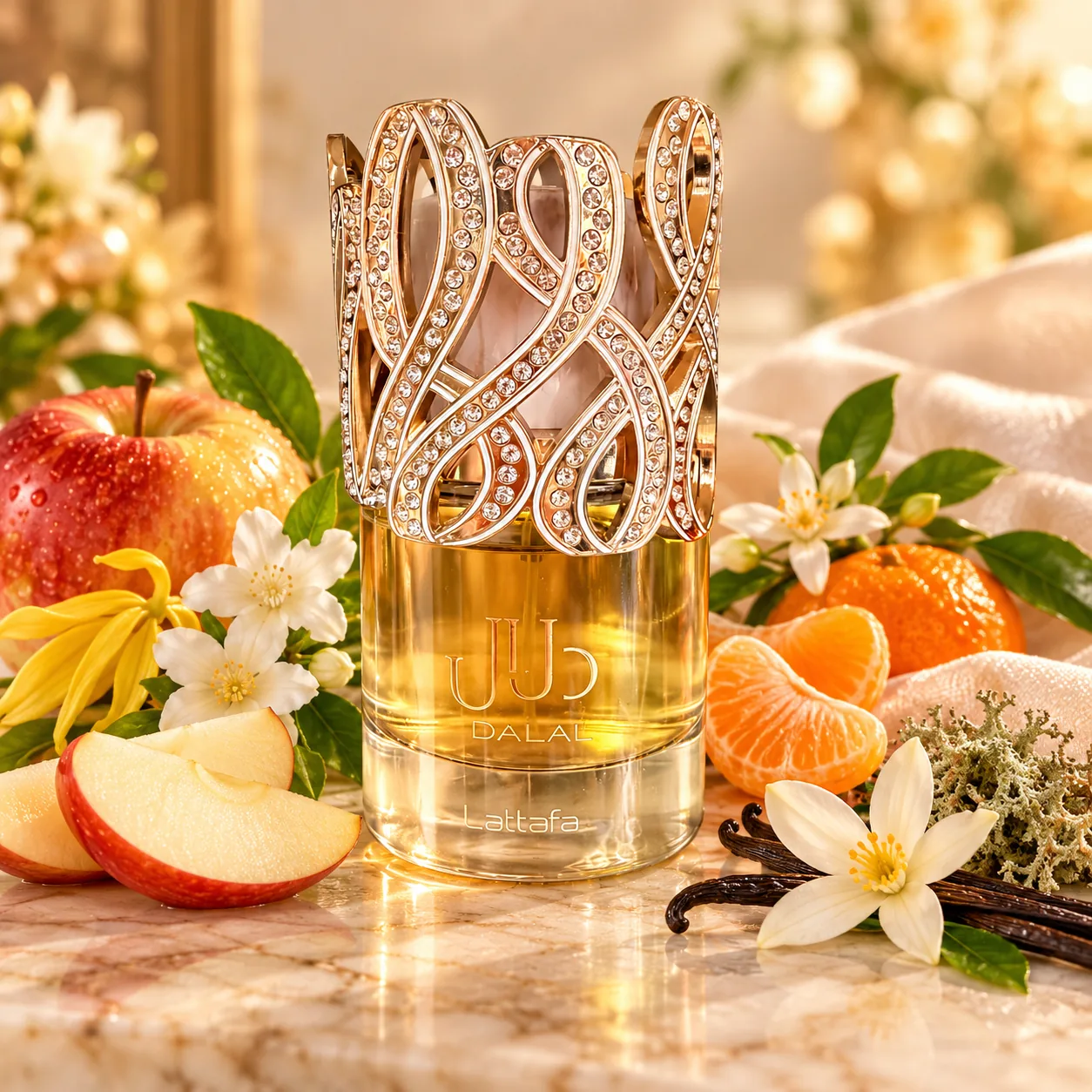 Perfume Dalal de Lattafa entre manzanas, mandarinas, flores de jazmín y ylang-ylang, vainas de vainilla y musgo
