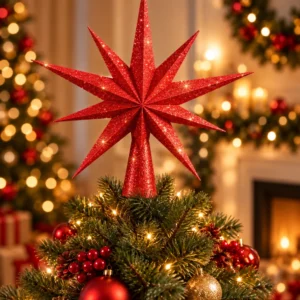 Estrella para árbol de Navidad roja con purpurina colocada en la punta de un árbol decorado