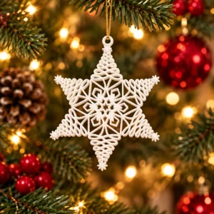 Estrella colgante blanca de seis puntas con diseño calado en el árbol de Navidad