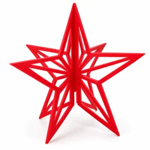 Estrella decorativa de Navidad 3D roja formada por dos piezas encajadas, sobre fondo blanco