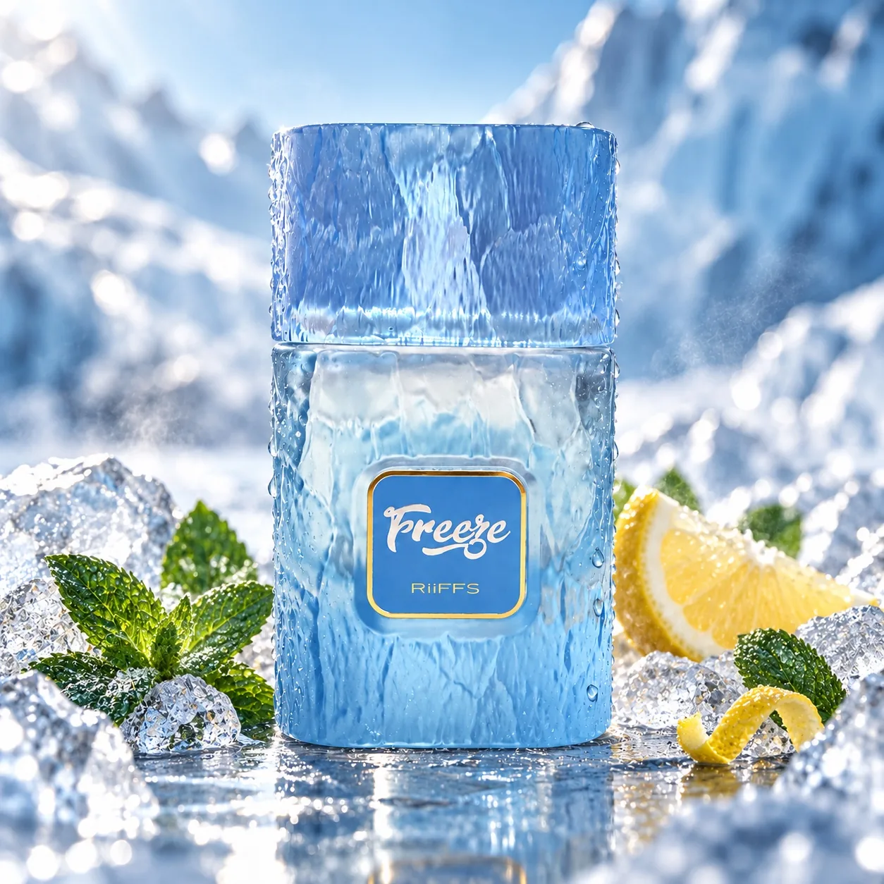 Freeze de Riiffs en frasco azul rodeado de hielo, limón y hojas de menta