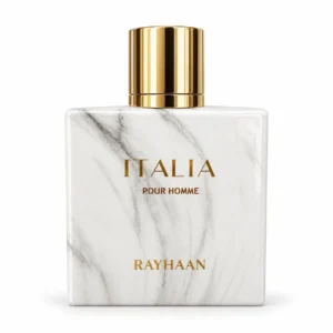 Italia de Rayhaan en frasco blanco de efecto mármol con tapón dorado sobre fondo blanco