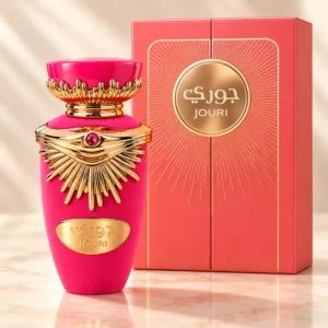Perfume árabe Jouri de Lattafa de 100 ml, frasco rosa y dorado con estuche a juego