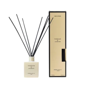 Mikado Tuberose & Jasmine de Cerería Mollá 100 ml: frasco crema con varillas negras junto a su caja beige