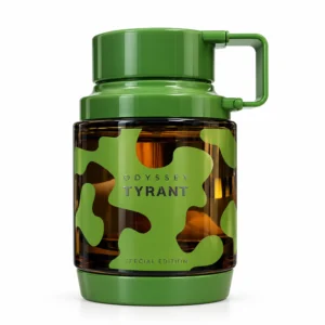 Odyssey Tyrant de Armaf, frasco de Eau de Parfum 100 ml con estampado de camuflaje verde y asa, sobre fondo blanco