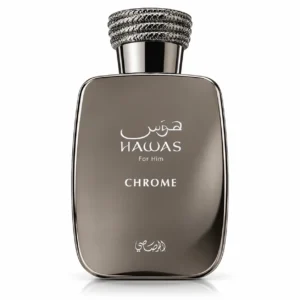Frasco de Hawas Chrome de Rasasi con acabado cromado oscuro y tapón plateado texturizado sobre fondo blanco