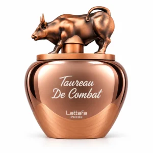 Frasco de Taureau De Combat de Lattafa Pride en tono cobrizo con tapón en forma de toro sobre fondo blanco