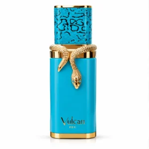 Vulcan Feu de French Avenue, eau de parfum unisex 100 ml, frasco turquesa con serpiente dorada sobre fondo blanco